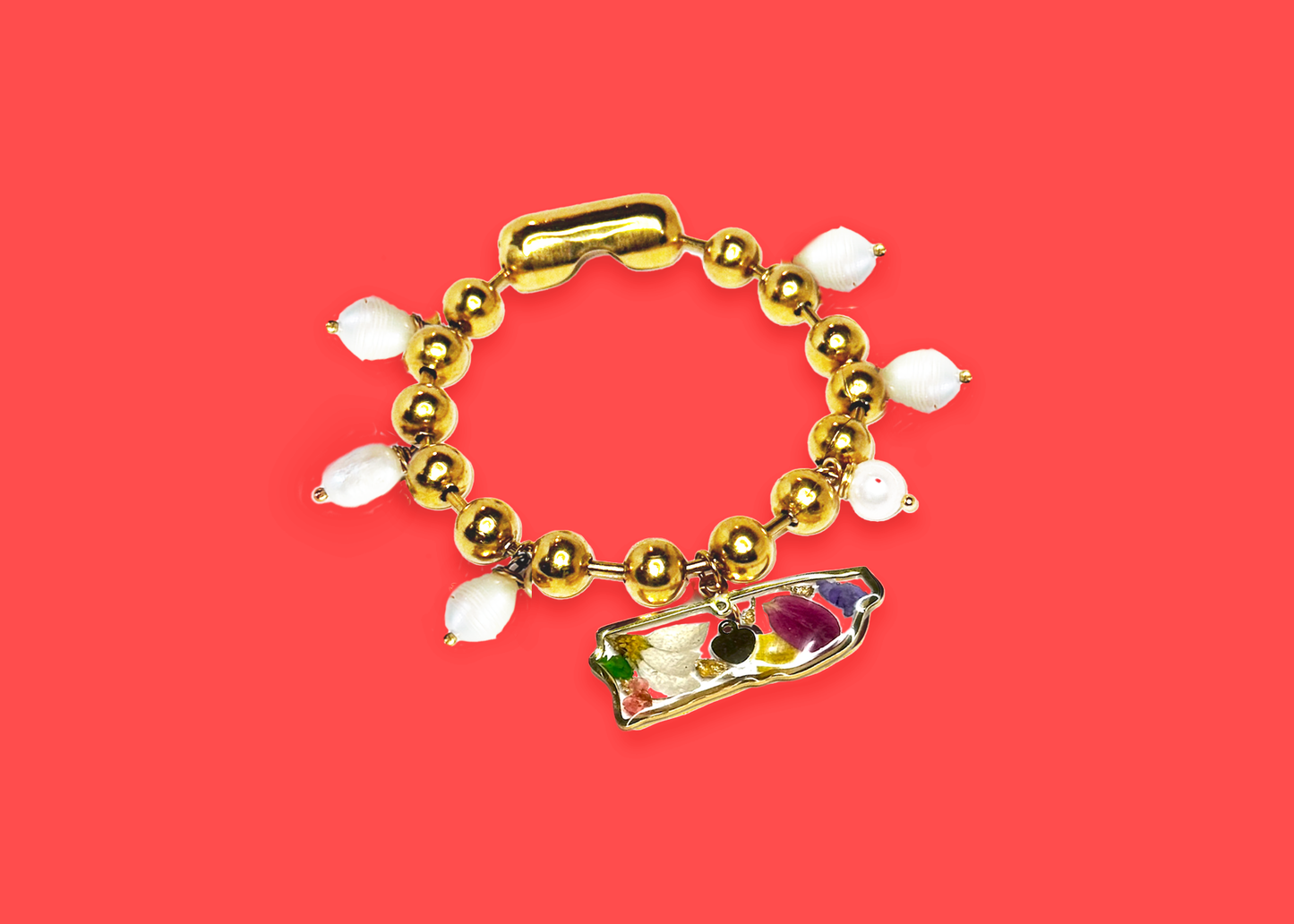 Isla del Caribe Brazalete con Perlas y Mapa de Puerto Rico con Flores en Resina