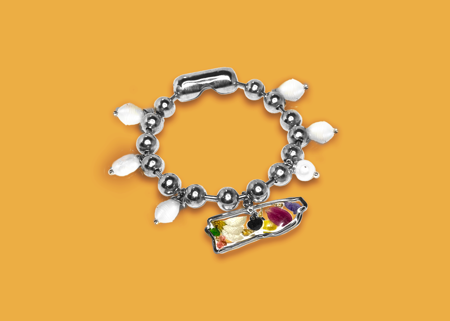 Isla del Caribe Brazalete con Perlas y Mapa de Puerto Rico con Flores en Resina