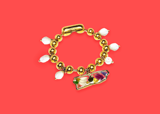 Isla del Caribe Brazalete con Perlas y Mapa de Puerto Rico con Flores en Resina